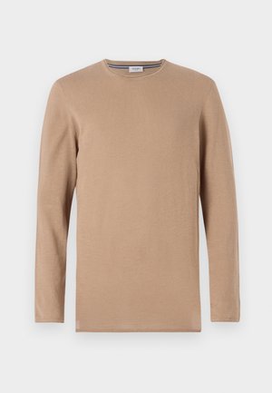 Halenka s dlouhým rukávem a kulatým výstřihem v odstínu tan, vyrobená z měkké tkaniny. Disponuje hladkým povrchem a jemným žebrováním na výstřihu.