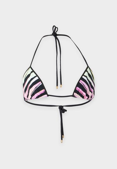 Haut de bikini triangle avec des rayures ondulées noires, roses et blanches, avec de fines attaches noires au niveau du cou et du dos, avec des embouts couleur or.