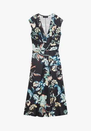 Fekete virágmintás ruha rövid ujjal, V-kivágással és testhez simuló derékkal. Élénk virágmintával rendelkezik türkiz, rózsaszín és fehér színben, matt anyagból.