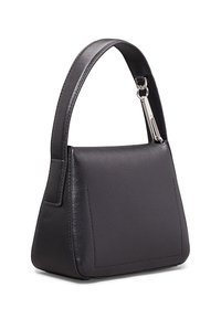 Borsa a tracolla in pelle nera con forma strutturata, dotata di una base piatta e di un manico arrotondato fissato con accessori in tonalità argento.