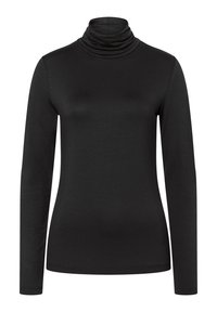 Schwarz, langärmeliger Rollkragenpullover aus weichem, dehnbarem Stoff; mit hohem, gefaltetem Kragen und glatter Textur ohne sichtbare Nähte.