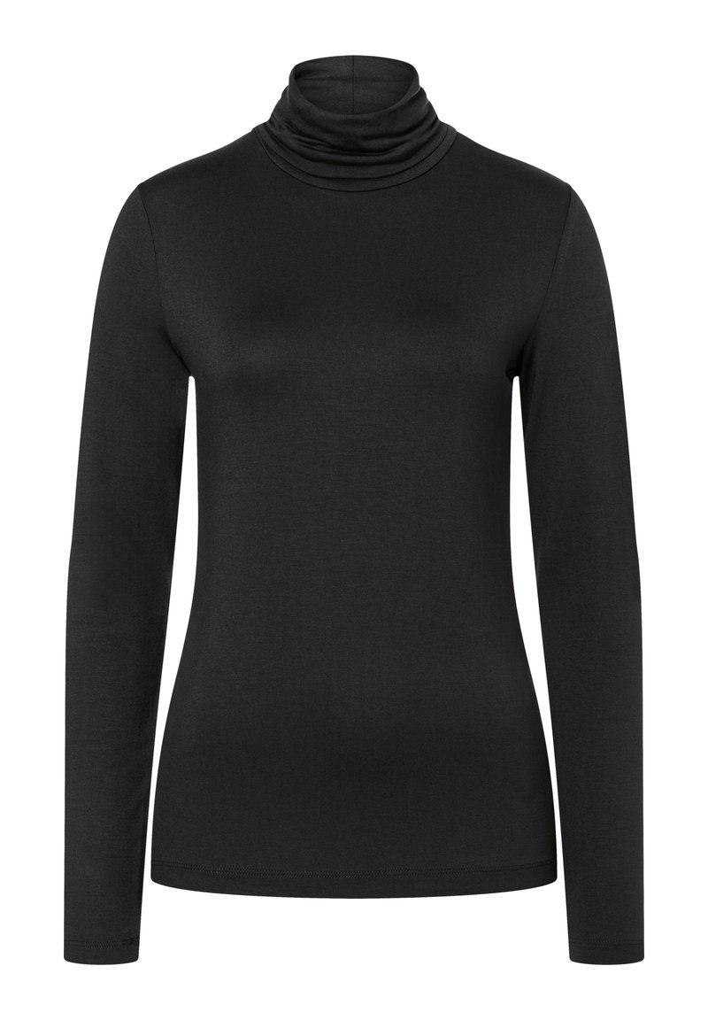 Schwarz, langärmeliger Rollkragenpullover aus weichem, dehnbarem Stoff; mit hohem, gefaltetem Kragen und glatter Textur ohne sichtbare Nähte.