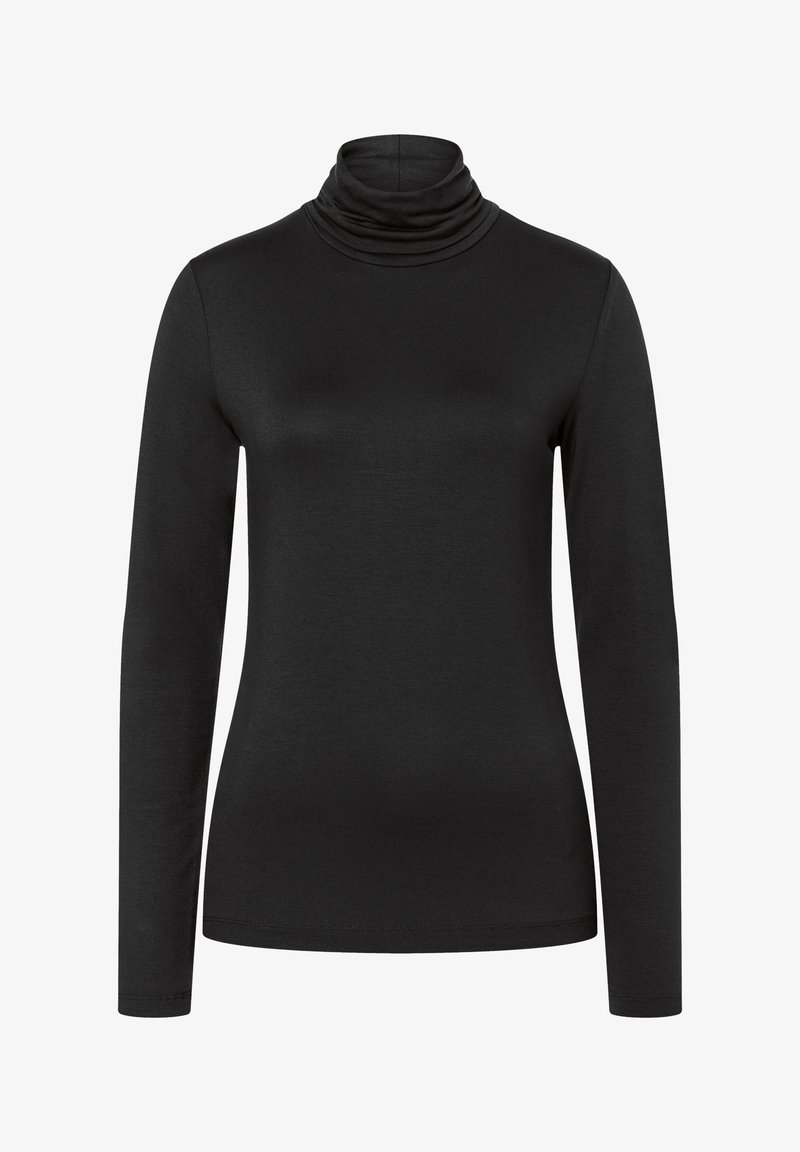 Schwarz, langärmeliger Rollkragenpullover aus weichem, dehnbarem Stoff; mit hohem, gefaltetem Kragen und glatter Textur ohne sichtbare Nähte.