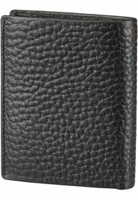 Portafoglio in pelle nera con superficie testurizzata, caratterizzato da un design pieghevole a due scomparti e bordi cuciti. Compatto e di forma quadrata per una facile conservazione.