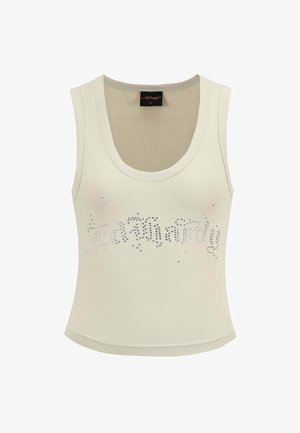 Helles beige Tanktop mit Rundhalsausschnitt, versehen mit einem Strassdesign, das "außergewöhnlich" schreibt, und einer taillierten Silhouette.