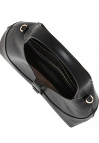 Borsa a mano in pelle nera con texture liscia, dettagli in oro, chiusura con cerniera e interno spazioso con fodera marrone.