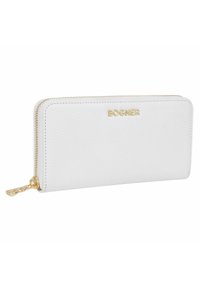Portafoglio in pelle bianca con una finitura texturizzata, accessori in oro e chiusura con zip. Presenta il nome del marchio "BOGNER" impresso sulla parte anteriore.
