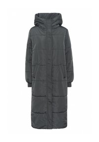 Manteau long en duvet gris foncé, doté d'une capuche, d'une fermeture éclair et de poches latérales. Le tissu est lisse avec un motif matelassé.