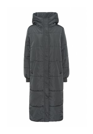 Lungo piumino grigio con cappuccio, pannelli strutturati, tasche laterali e polsini a coste. Realizzato in tessuto liscio e resistente all'acqua.
