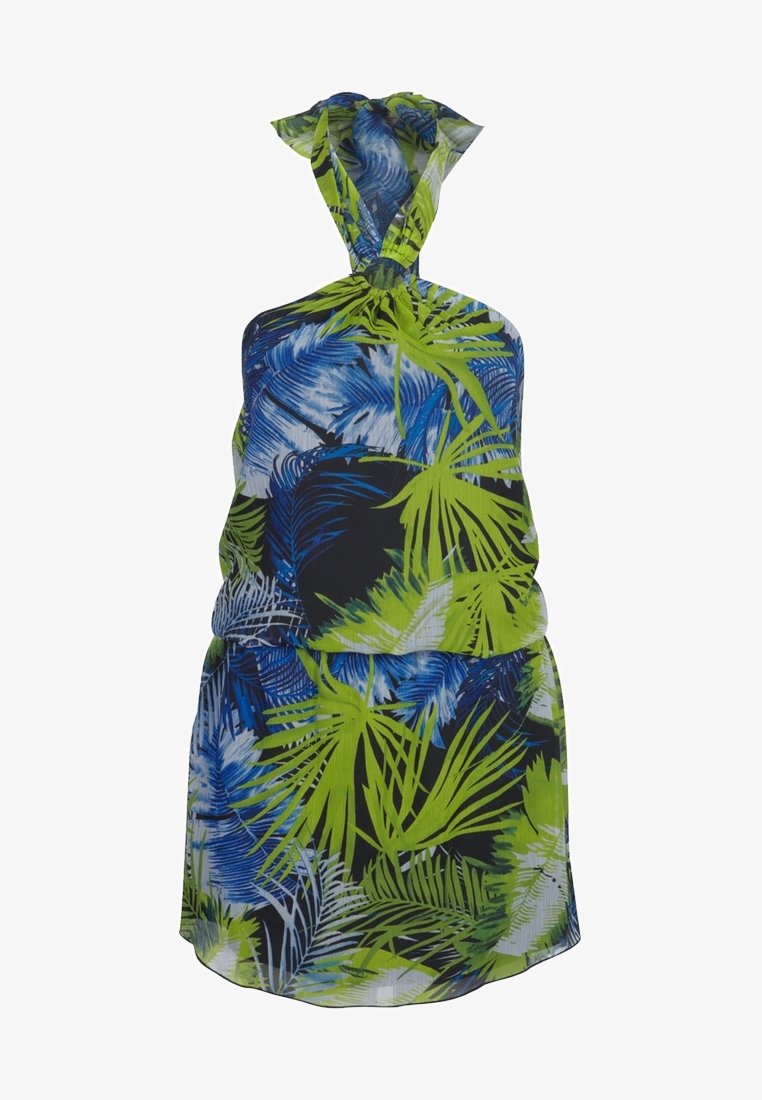 Robe à motifs tropicaux avec des motifs de feuilles vertes et bleues, un design dos nu et un tissu doux et léger pour le confort.