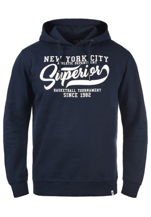 Sudadera azul marino de algodón, con un bolsillo tipo canguro, capucha con cordones y gran texto blanco que dice "Nueva York" y "Superior."