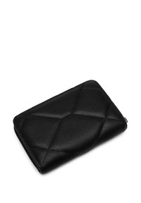 Black leather wallet with a quilted pattern, featuring a smooth texture and a zip closure, rectangular shape, and rounded corners.