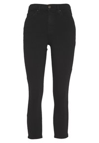 Svarta denim skinny jeans med hög midja, femficksdesign och dragkedja med metallknappstängning. Slät textur.