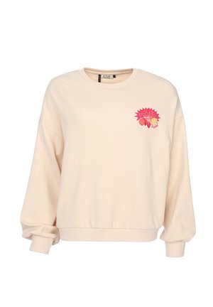 Cremefarbenes Sweatshirt mit langen Ärmeln, Rundhalsausschnitt und kleinem rotem Schriftzug auf der linken Brust mit der Aufschrift "Local Love Fresh & Organic" und Fruchtsymbolen.