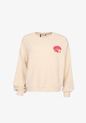 Cream-colored long-sleeve sweatshirt with a round neck and small red graphic on the left chest saying "Local Love Fresh & Organic" with fruit icons.