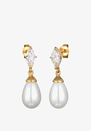 Gold-tone earrings feature a marquise-cut clear crystal atop a drop-shaped white pearl. Smooth texture with polished finishes.