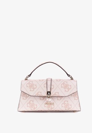 Borsa a tracolla beige con motivo, dal design strutturato, dotata di manico superiore, chiusura a patta magnetica e accentuazione dorata del logo sul davanti.