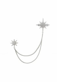 Silver chain jewelry featuring two star-shaped pins, one larger and more detailed than the smaller, connected by delicate chains.