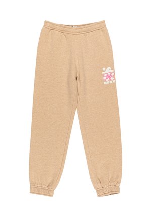 Beige Jogginghose mit elastischen Bündchen und einer weichen Textur. Verfügt über ein weißes und pinkes Blumenlogo am linken Oberschenkel. Mit elastischem Bund.