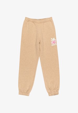 Beiga sweatpants med elastiska muddar och en mjuk textur. Har en vit och rosa blommig logotyp på vänster lår. Elastisk midja ingår.