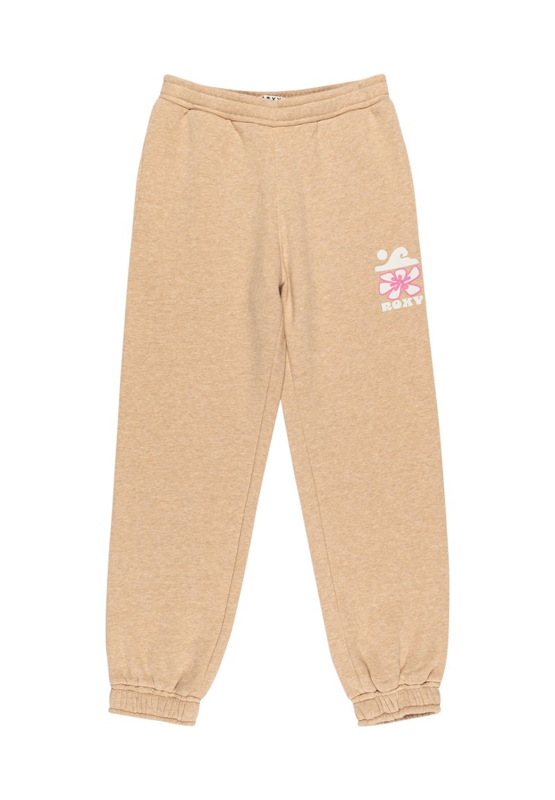 Beiga sweatpants med elastiska muddar och en mjuk textur. Har en vit och rosa blommig logotyp på vänster lår. Elastisk midja ingår.