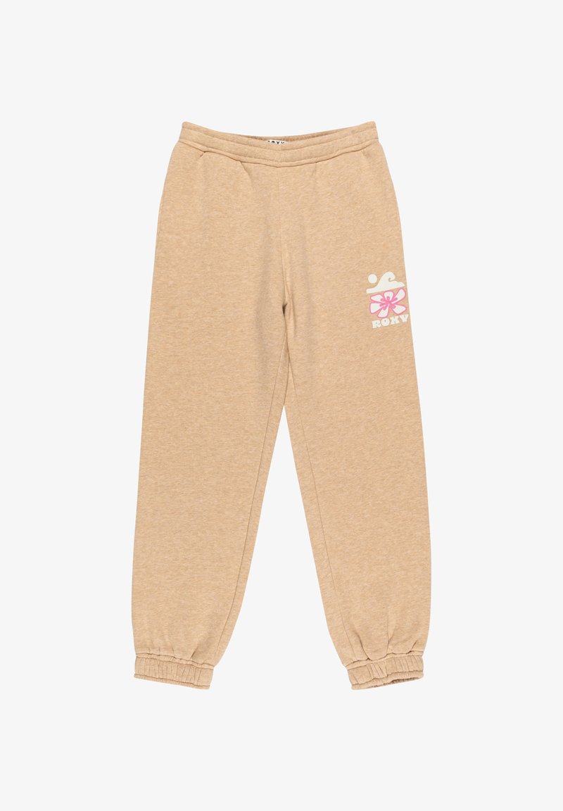 Béžové tepláky s elastickými manžetami a jemnou textúrou. Na ľavom stehne sa nachádza bielo-rúžová kvetinová nášivka. Sú vybavené elastickým pásom.