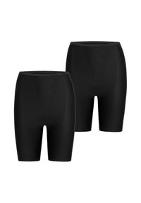 Schwarze Shapewear-Shorts aus glattem, elastischem Stoff. Verfügt über ein Design mit hoher Taille und eine mittlere Oberschenkellänge für Abdeckung und Unterstützung.