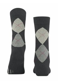 Dunkelgraue Socken mit einem Rautenmuster in Hellgrau und pinken Akzenten. Hergestellt aus einem strukturierten Strickmaterial, entworfen für Komfort.