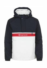 Marineblå og hvit genserjakke med hette, med en rød horisontal stripe, glidelåslomme, og Sergio Tacchini-logo foran.