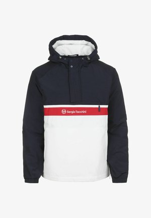 Laivastonsininen ja valkoinen huppari, jossa on punainen vaakasuora raita, vetoketjutasku ja Sergio Tacchinin logo edessä.