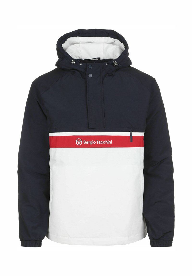 Marineblå og hvit genserjakke med hette, med en rød horisontal stripe, glidelåslomme, og Sergio Tacchini-logo foran.