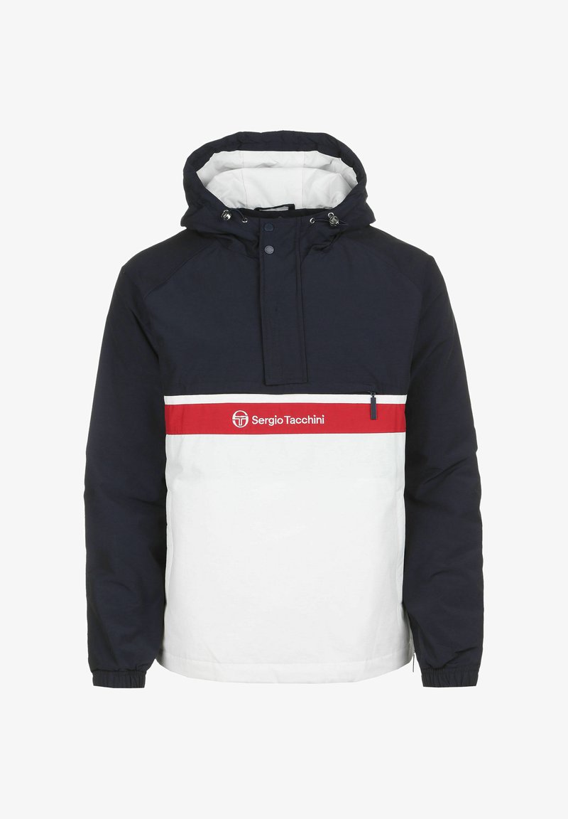 Marineblå og hvid overtræksjakke med hætte, med en rød horisontal stribe, lynlåslomme og Sergio Tacchini-logo foran.