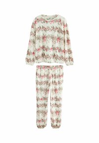Ensemble de pyjama deux pièces en crème, avec des motifs floraux et des rubans en rose et vert. Manches longues et taille élastique sur le pantalon.