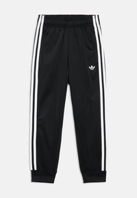 Μαύρο αθλητικό παντελόνι από απαλό ύφασμα, με λευκές λωρίδες στα πλάγια, ελαστική μέση και μπατζάκια, με μικρό λευκό λογότυπο στο αριστερό μηρό.