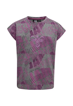 Grå kortærmet T-shirt med svajende lilla mønstre. Blødt stof med rund halsudskæring og en let løs pasform.