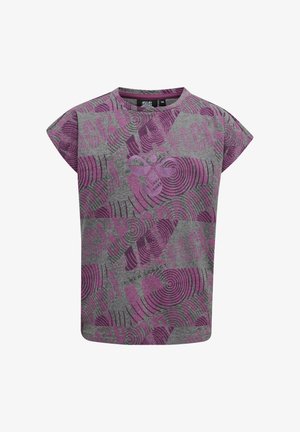 Graues T-Shirt mit kurzen Ärmeln, das wirbelnde lila Muster zeigt. Weicher Stoff mit rundem Halsausschnitt und leicht lockerer Passform.