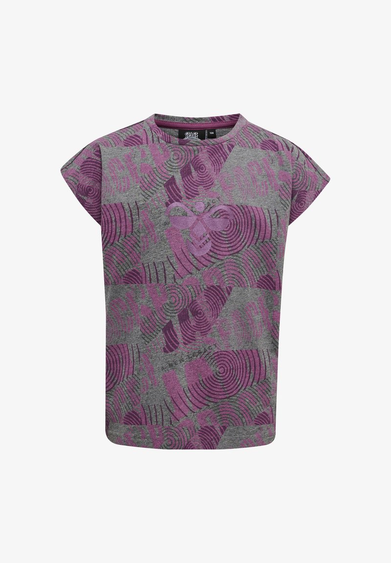 Graues T-Shirt mit kurzen Ärmeln, das wirbelnde lila Muster zeigt. Weicher Stoff mit rundem Halsausschnitt und leicht lockerer Passform.