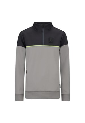 Grijze en zwarte pullover met een ritskraag, voorzien van een groene streep en een logo patch. Gemaakt van een soepele, textuurstof. Lange mouwen.