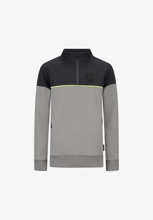 Grijze en zwarte pullover met een ritskraag, voorzien van een groene streep en een logo patch. Gemaakt van een soepele, textuurstof. Lange mouwen.