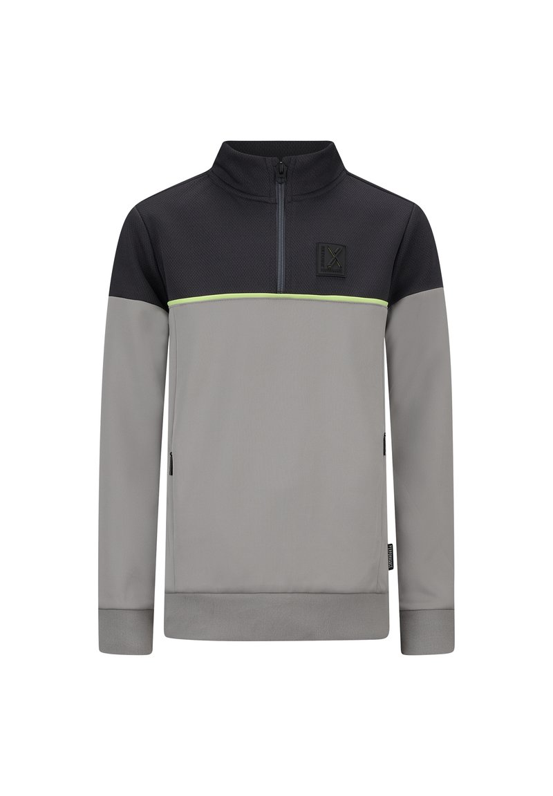 Pullover grigio e nero con colletto a zip, caratterizzato da una striscia verde e un patch con logo. Realizzato in un tessuto liscio e testurizzato. Maniche lunghe.