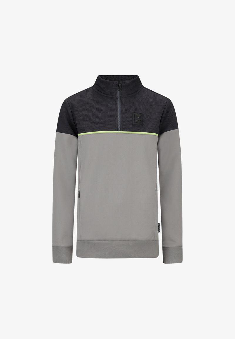 Pullover grigio e nero con colletto a zip, caratterizzato da una striscia verde e un patch con logo. Realizzato in un tessuto liscio e testurizzato. Maniche lunghe.