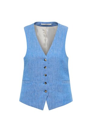 Light blue sleeveless vest with V-neck, five buttons down the front, and two horizontal slit pockets on each side.