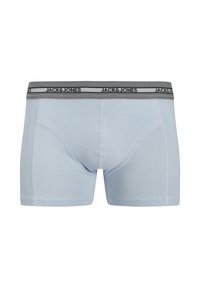 Boxers en coton bleu clair avec une taille élastique grise portant la marque "JACK & JONES". Texture lisse et design ajusté.