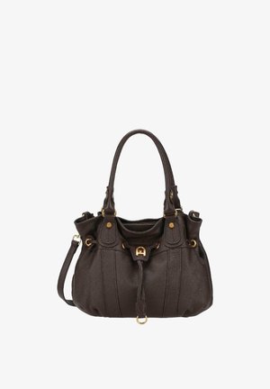 Sac à main en cuir marron foncé avec deux anses supérieures, ferrures dorées, rabat avant avec fermoir décoratif, et une bandoulière réglable.