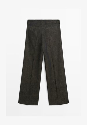 Dark gray wide-leg trousers with a smooth texture, featuring two back pockets and belt loops. The fabric has a subtle sheen.