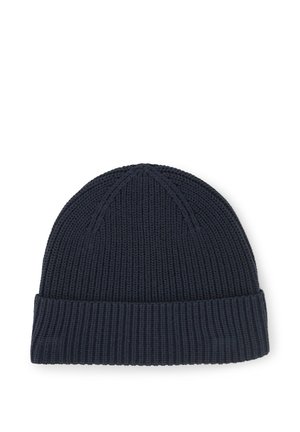 Dark blue ribbed knit beanie hat with a folded cuff on a white background.