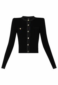 Sort cropped cardigan lavet af ribbet stof. Har lange ærmer, rund hals, guldknapper og hvide syningsdetaljer.