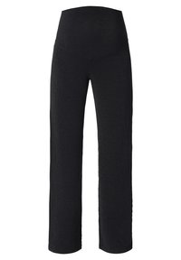 Schwarz, weit geschnittene Hose aus einem dehnbaren, strukturierten Stoff mit hohem Bund. Glatte Oberfläche mit subtiler glänzender Erscheinung und ohne sichtbare Muster.