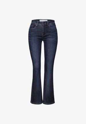 Dunkelblaue Denim-Bootcut-Jeans mit einer mittelhohen Taille, fünf Taschen und sichtbaren Nähten. Der Stoff hat eine glatte Textur mit leichtem Stretch.