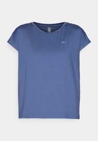 Blue short-sleeve t-shirt made from smooth fabric. Features a round neckline and subtle logo detail on the chest. Simple, casual design.